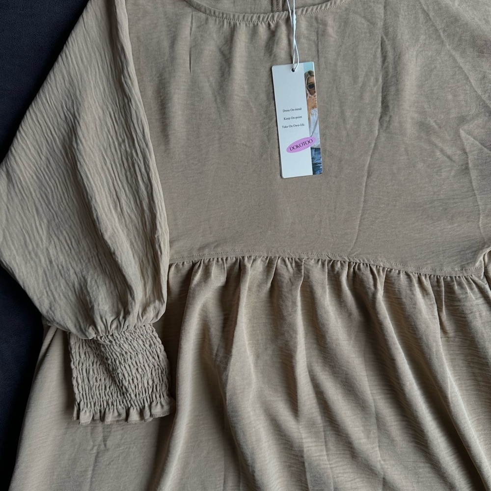 Dokotoo Tan Women’s Dress with Cuffed Sleeves - Picture 3 of 5